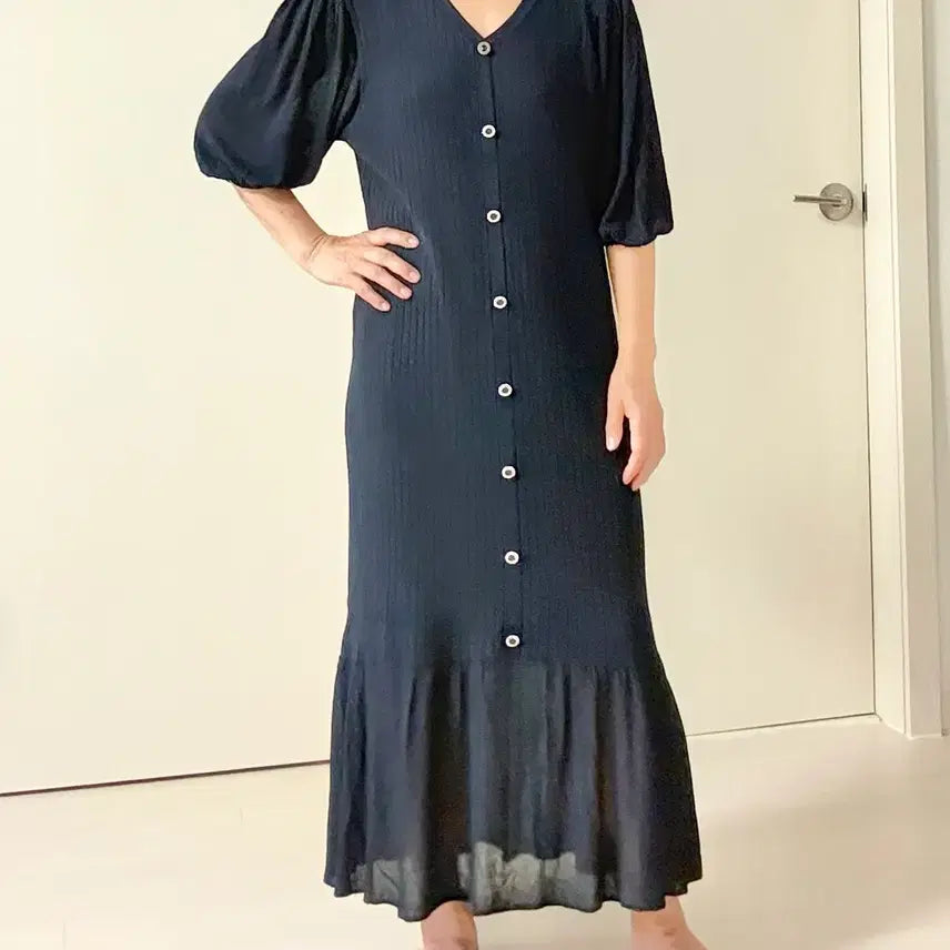 [BUNJANG] Georges Rech V-Neck Button Detail Knit Dress Navy / 조르쥬레쉬 니트 원피스