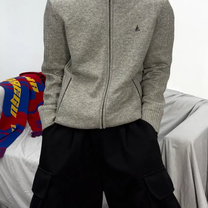 [BUNJANG] Beanpole Grey Check Knit Zip-Up L / 빈폴 그레이 체크 니트 집업 L