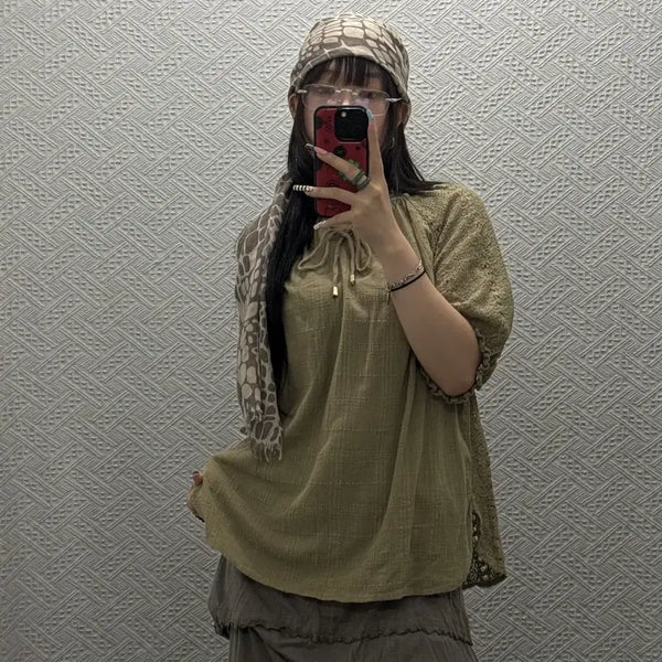 [BUNJANG] Country Cozy See-through Punching Ribbon Loose Fit Short Sleeve T-shirt / 컨트리 코지 모리걸 시스루 펀칭 리본 아방핏 반팔티 K0409