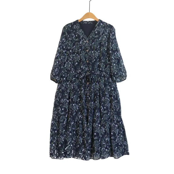 [BUNJANG] O.A.RO Navy Floral Button-Up Long Dress (Size 88) / O.A.RO 네이비 플라워 버튼업 롱원피스 88 빅사이즈 원피스