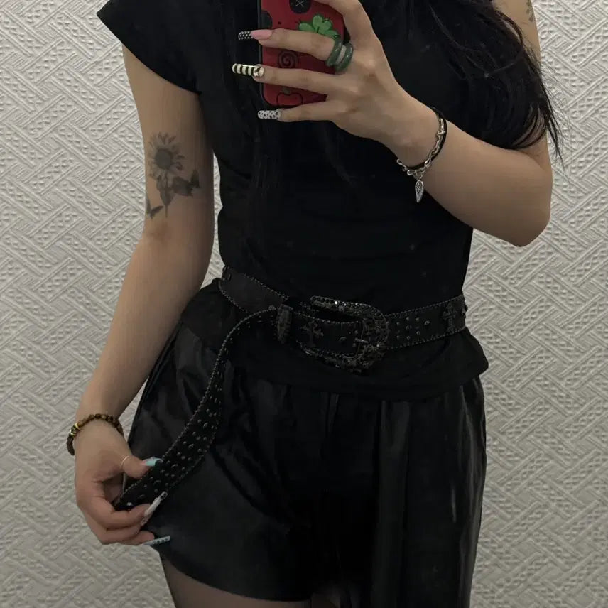 [BUNJANG] Gothic Punk Glitter Cubic Eyelet Leather Belt / 웨스턴 고딕 락펑크 글리터 큐빅 아일렛 레더 벨트 K0413