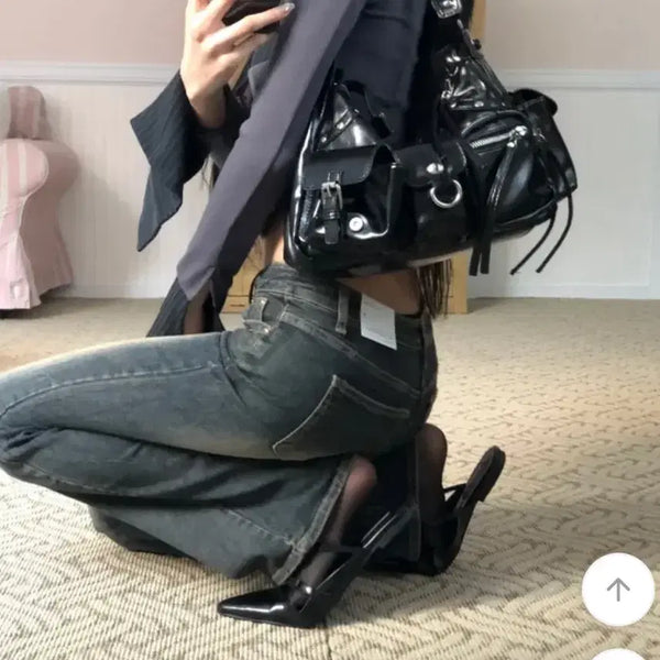 [BUNJANG] Black Leather Triple Pocket Shoulder Crossbody Bag / 트리플 포켓 블랙 레더 숄더 크로스백