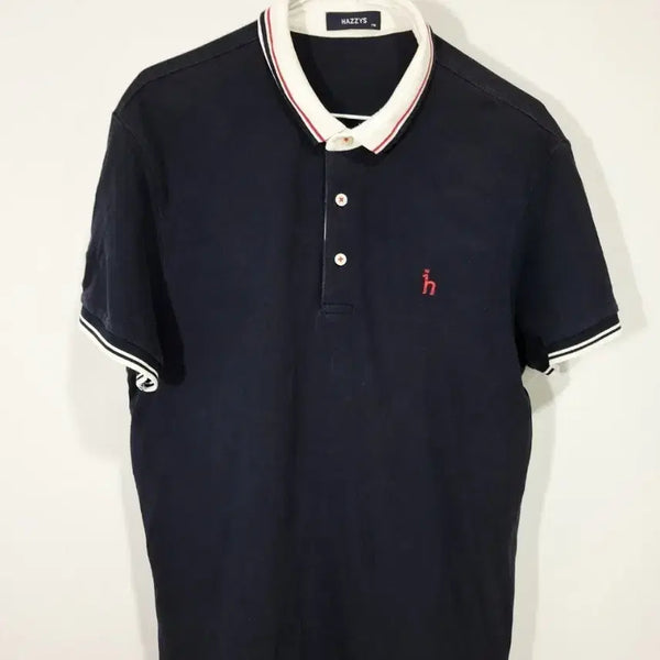 [BUNJANG] Hazzys Navy Half Sleeve Polo Shirt with Contrast Trim / 헤지스 네이비 반팔 카라티 넥라인 배색