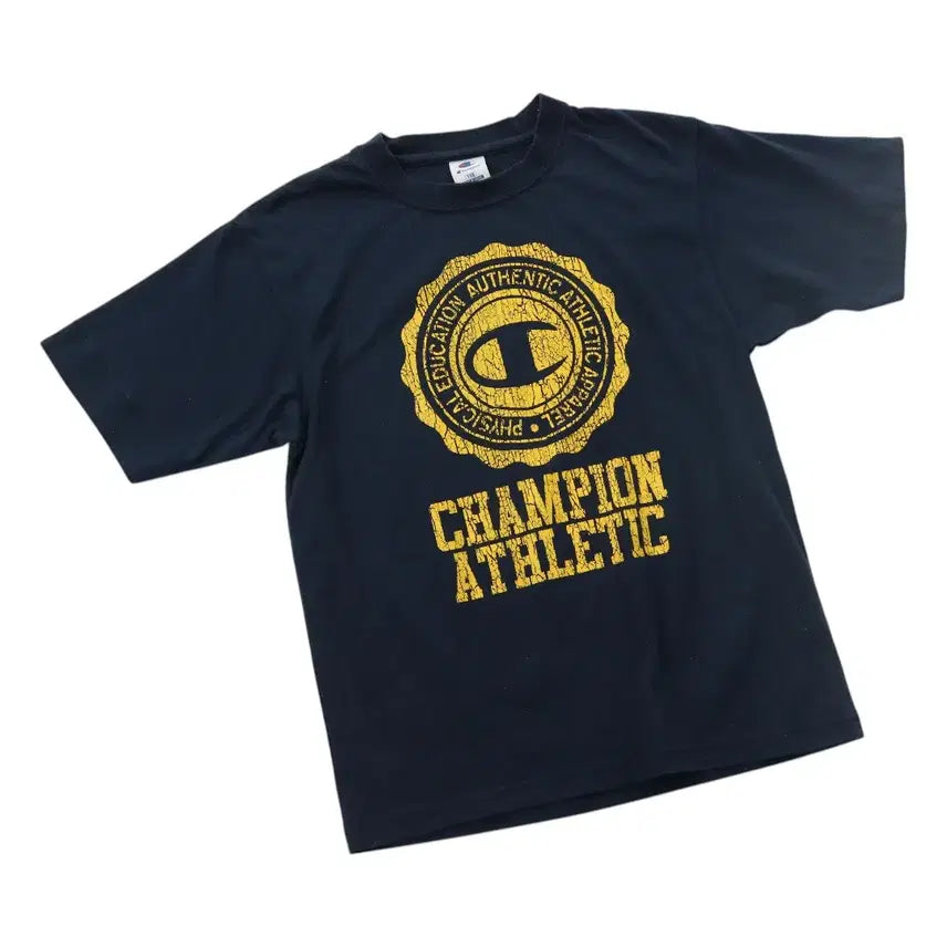 [BUNJANG] Champion Vintage Cracked Graphic Navy T-Shirt / 챔피온 빈티지 크랙 그래픽 네이비 반팔티셔츠 (150)