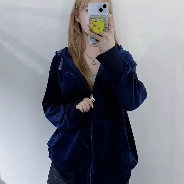 [BUNJANG] Puma Navy Velvet Zip-Up Hoodie / 퓨마 네이비 벨벳 후드집업