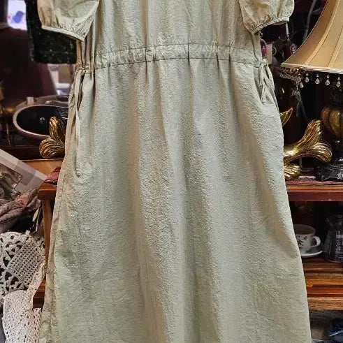 [BUNJANG] Light Green Puff Sleeve String Waist Long Dress / 라이트 그린 퍼프소매 허리 스트링 원피스