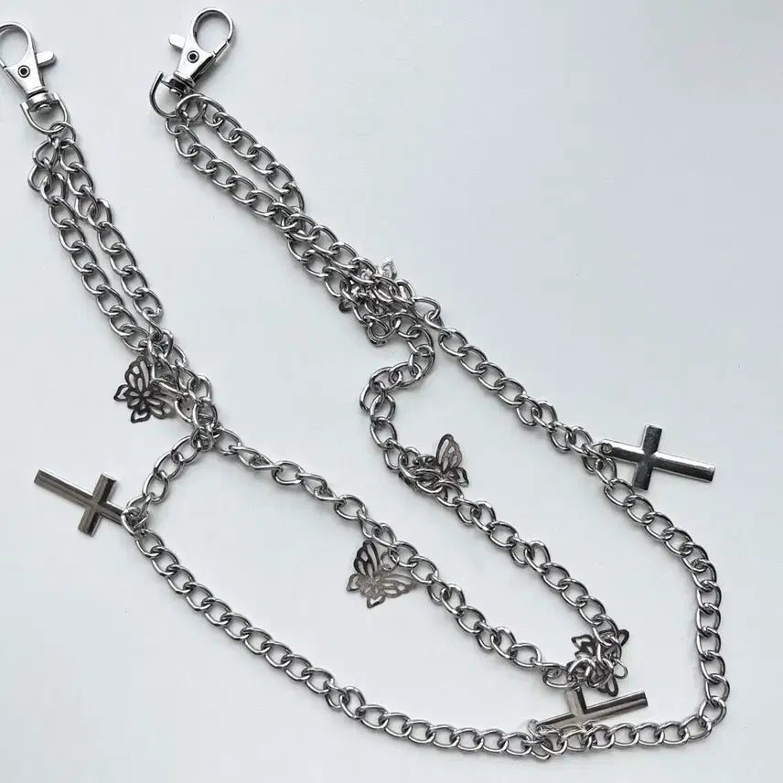 [BUNJANG] Y2K Chain Belt with Cross and Butterfly Charms / 체인 벨트 십자가 나비 장식 y2k