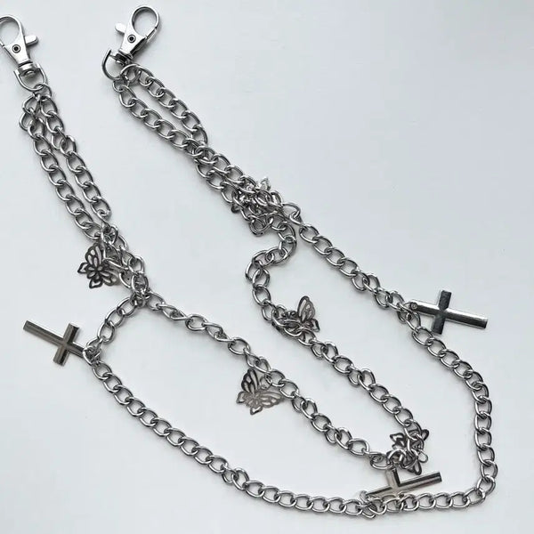 [BUNJANG] Y2K Chain Belt with Cross and Butterfly Charms / 체인 벨트 십자가 나비 장식 y2k