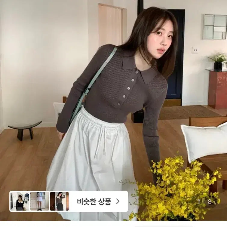 [BUNJANG] Frilly Button Collar Ribbed Knit Charcoal / 프릴리 NS. Button Collar Ribbed knit 차콜