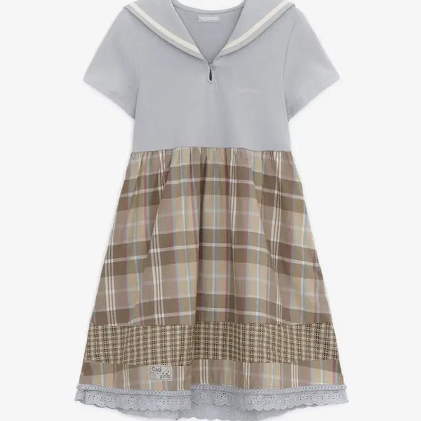[BUNJANG] Hug Your Skin Sailor Collar Check Dress (Gray) / 허그유어스킨 세일러 카라 체크 드레스 (그레이) 모리걸 빈티지 원피스 허유스 코이세이오깔 체크 패치워크