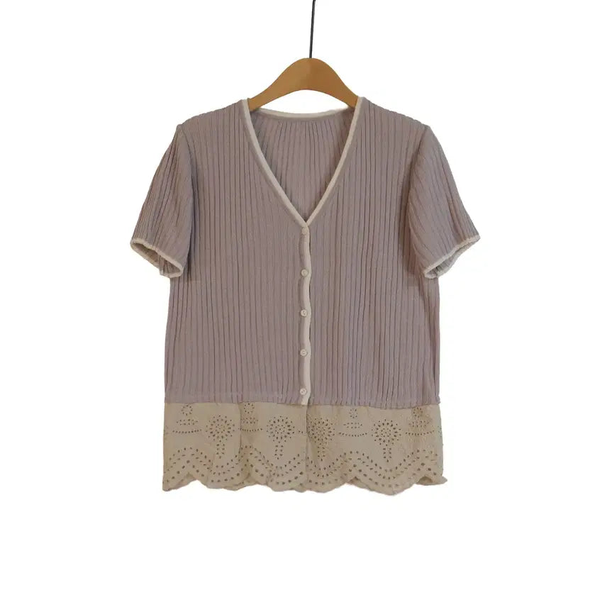 [BUNJANG] Lace Trim Ribbed Knit Short Sleeve Cardigan - Purple / 레이스 배색 골지 니트 반팔 가디건 퍼플 프리