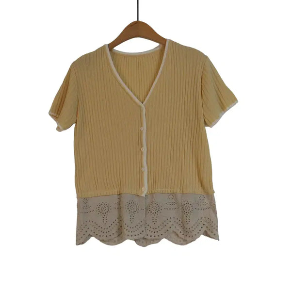 [BUNJANG] Lace Trim Ribbed Knit Half Sleeve Cardigan Yellow / 레이스 배색 골지 니트 반팔 가디건 옐로 프리
