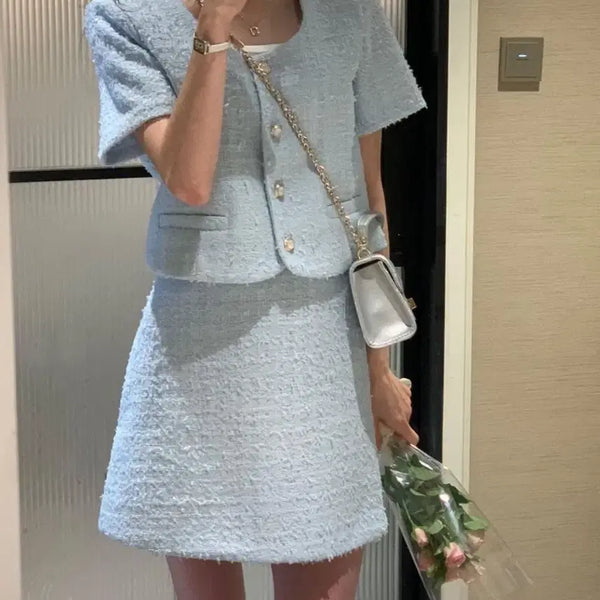 [BUNJANG] Merion Beaute Tweed Jacket Skirt Set Pale Blue / 메리온 보떼 트위드 자켓 투피스 세트 페일블루