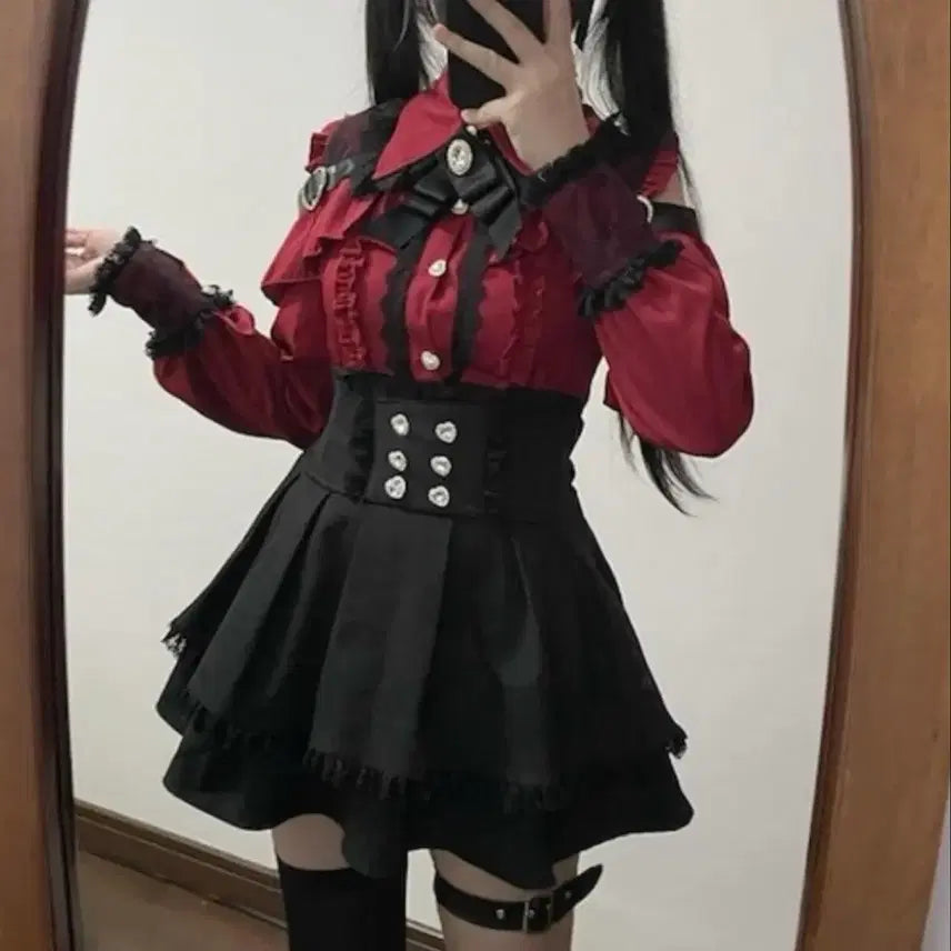 [BUNJANG] Jirai Kei Setup (Top, Skirt, Brooch) - Red, Size S / [판매] 지뢰계 셋업 - 설명 꼭 읽어주세용!