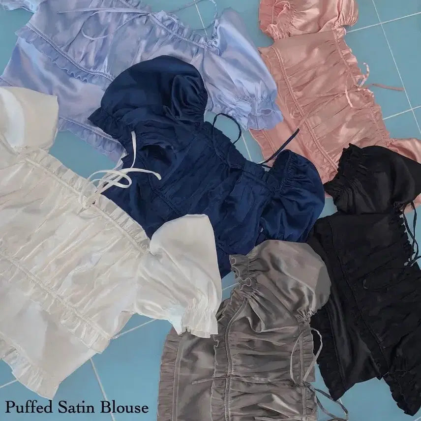 [BUNJANG] Fayeed Puff Satin Blouse Charcoal / 페일제이드 퍼프 새틴 블라우스 차콜