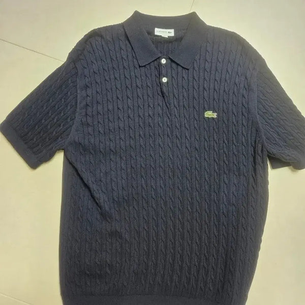 [BUNJANG] Lacoste Cable Knit Short Sleeve Polo Shirt Navy US L / 라코스테 케이블 니트 반팔 카라티 네이비 US L (새상품)