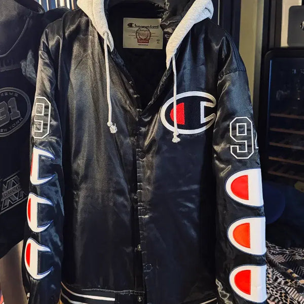 [BUNJANG] Supreme x Champion Satin Varsity Jacket Black XL / 슈프림 x 챔피온 후드 바시티 사틴 자켓 블랙 XL