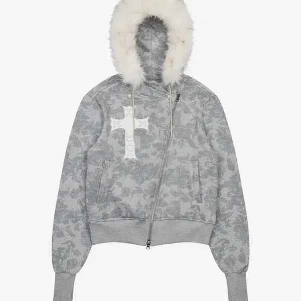 [BUNJANG] LOVEISTRUE Faux Fur Asymmetrical Hoodie Zip-up Grey / 러브이즈트루 퍼 언발란스 후드집업 그레이