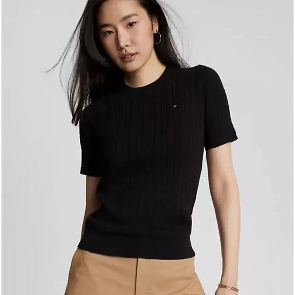 [BUNJANG] Tommy Hilfiger Women's Cable Knit Short Sleeve Sweater Black / (정품)타미힐피거 여성 케이블 꽈배기 반팔 니트 스웨터 블랙
