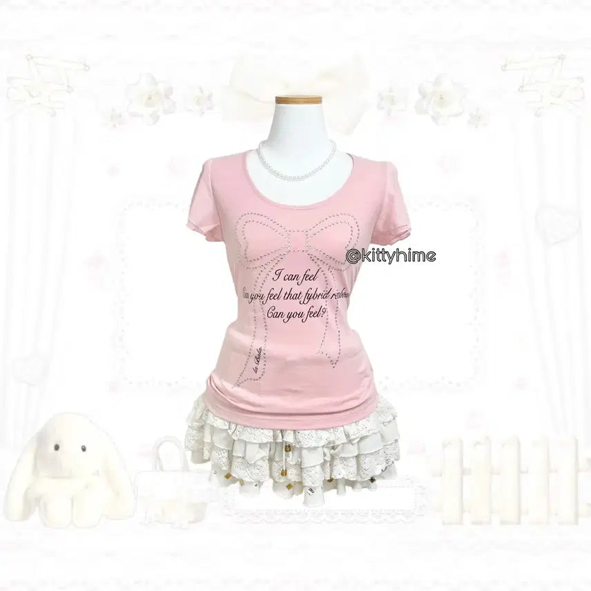 [BUNJANG] Lovely Ribbon Cubic Short Sleeve Himekko Top / 헤이세이 러블리 리본 큐빅 반팔 히메갸루 갸루 핀터깔 핀터레스트