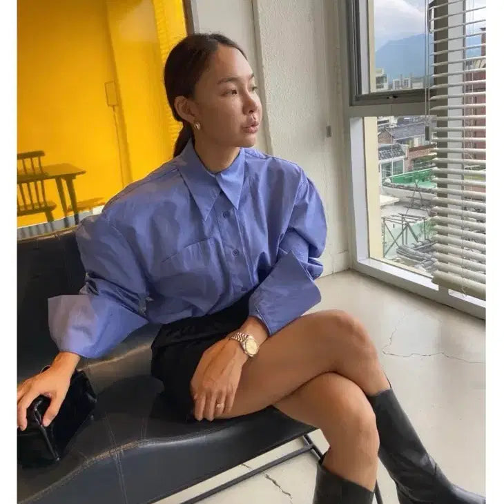 [BUNJANG] YuAbMi Unique Collar Bootcut Cuffs Shirt Blue / 유아부미 유니크 카라 부츠컷 커프스 셔츠 블루