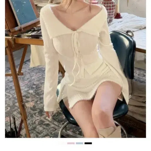 [BUNJANG] KindaMidi Fur Collar Off-Shoulder Cardigan + Skirt Pants Set / 카인다미 퍼 카라 오프숄더 가디건 + 치마바지 세트