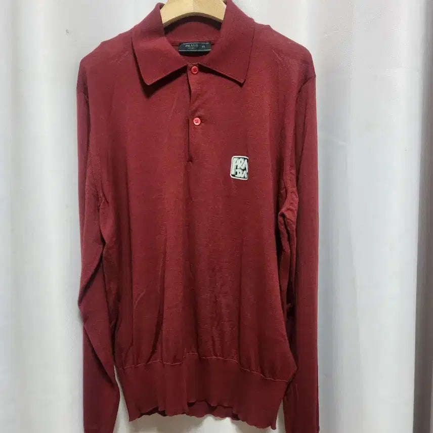 [BUNJANG] Prada Antracite Intarsia Logo Long Sleeve Knit Polo Wine / 프라다 앤트러시아 인타르시아 로고 긴팔 니트 폴로 와인색