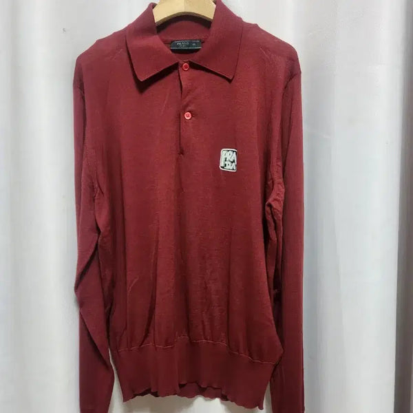 [BUNJANG] Prada Antracite Intarsia Logo Long Sleeve Knit Polo Wine / 프라다 앤트러시아 인타르시아 로고 긴팔 니트 폴로 와인색