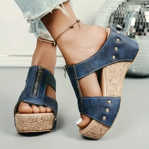 [BUNJANG] Denim Blue Wedge Heel Platform Sandals with Zipper / 통굽 샌들 데님 블루 지퍼 웨지힐
