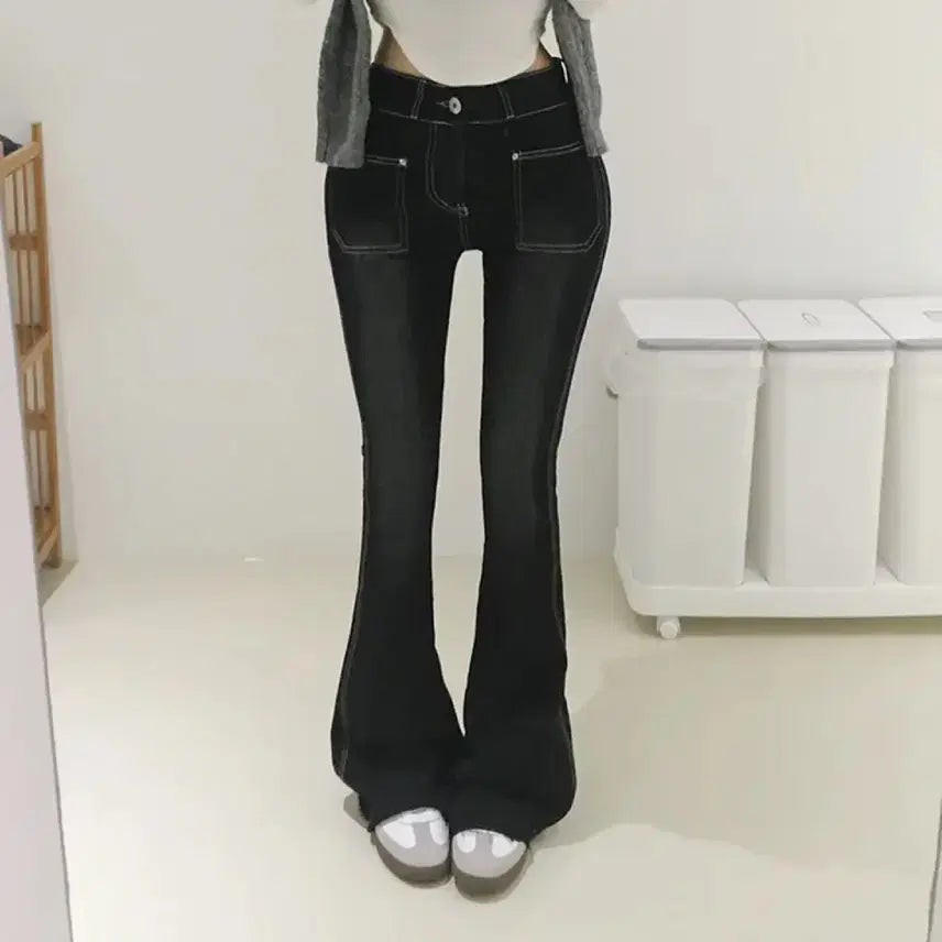 [BUNJANG] Black Denim Bootcut Pants with Hip Padding / 앞포켓 골반뽕 부츠컷 흑청팬츠
