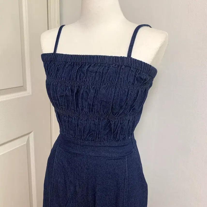 [BUNJANG] Ruched Dark Wash Denim Jumpsuit / 셔링 진청 점프수트