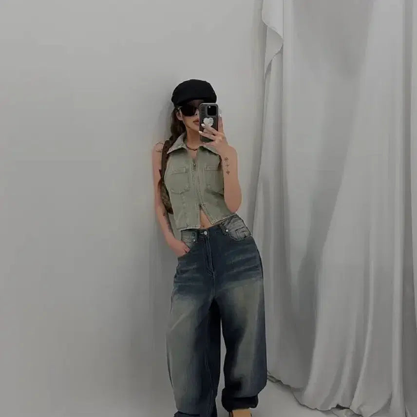 [BUNJANG] Distressed Wash Wide Summer Denim Pants / 데미지 워싱 와이드 여름 데님