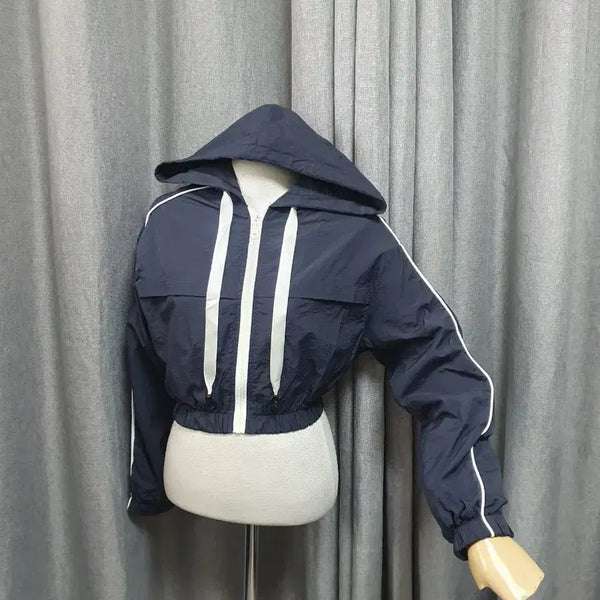[BUNJANG] Woven Navy Crop Zip-Up / 우븐 네이비 크롭집업