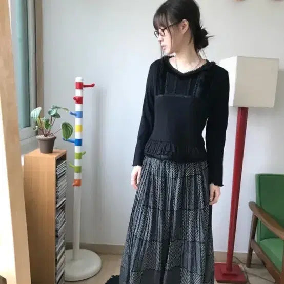 [BUNJANG] Vintage Pattern Long Skirt with Frill Waist / 빈티지치마