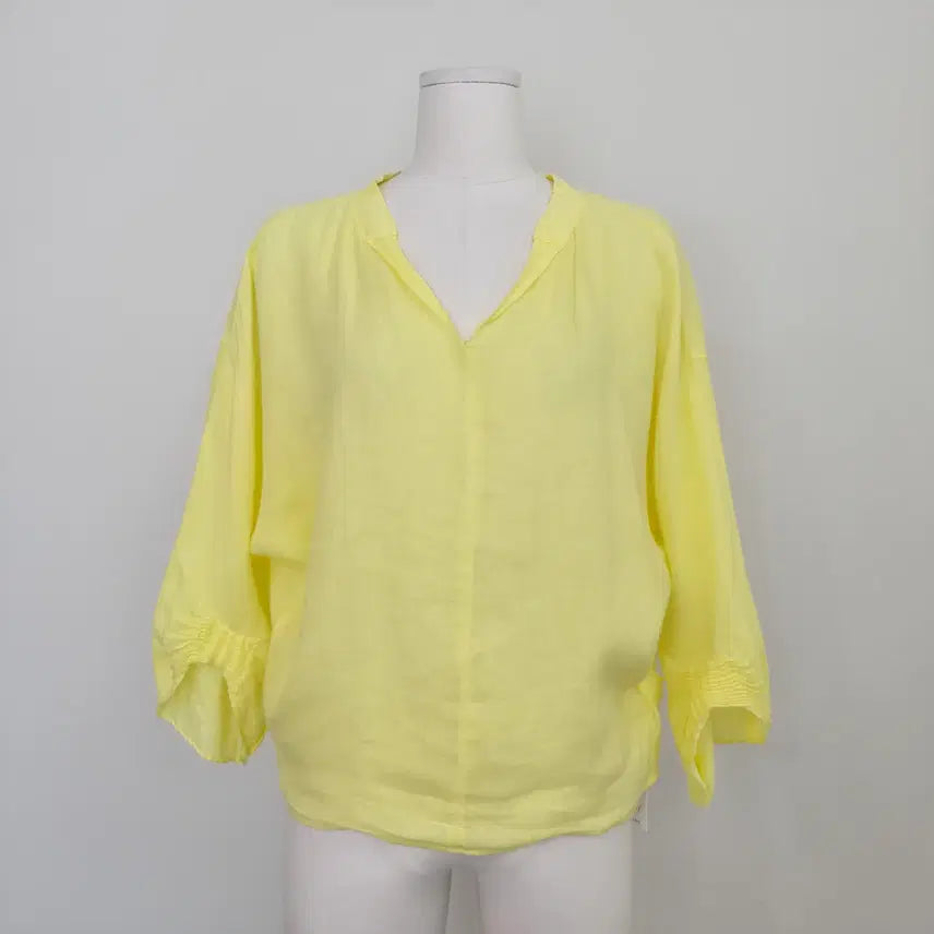 [BUNJANG] Lemon Yellow 100% Linen V-Neck Loose Fit Blouse - Vintage / 레몬옐로우 린넨 100 브이넥 루즈핏 빅사이즈 블라우스 일본빈티지
