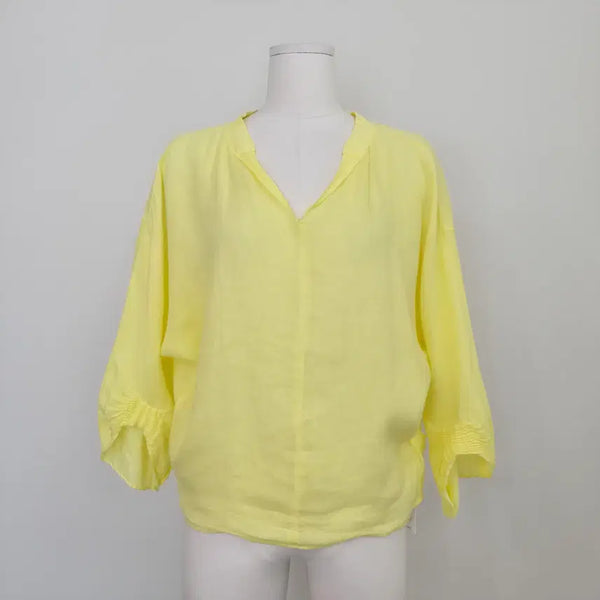 [BUNJANG] Lemon Yellow 100% Linen V-Neck Loose Fit Blouse - Vintage / 레몬옐로우 린넨 100 브이넥 루즈핏 빅사이즈 블라우스 일본빈티지