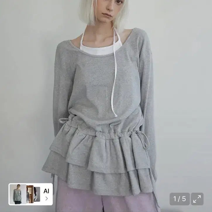 [BUNJANG] Rense Frill Layered Long Sleeve T-Shirt Gray / 렌세 프릴 레이어드 긴팔 티셔츠 그레이