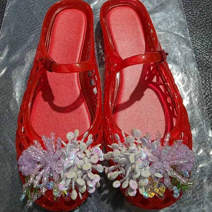 [BUNJANG] Custom Beaded Charm Jelly Mary Jane Shoes / [새상품/커스텀] 비즈 참 젤리 슈즈(230~235 추천)