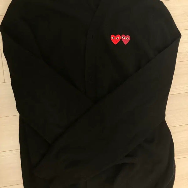 [BUNJANG] Comme des Garçons Black Double Heart Logo Appliqué Cardigan XL / 꼼데가르송 블랙 더블 하트 와펜 가디건 XL