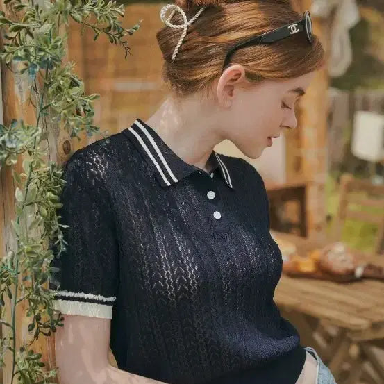 [BUNJANG] Banwon Atelier Cropped Punching Knit (Navy) & Tennis Skirt (White) Set / 반원아틀리에 크롭 펀칭 니트 (네이비) + 테니스스커트 화이트