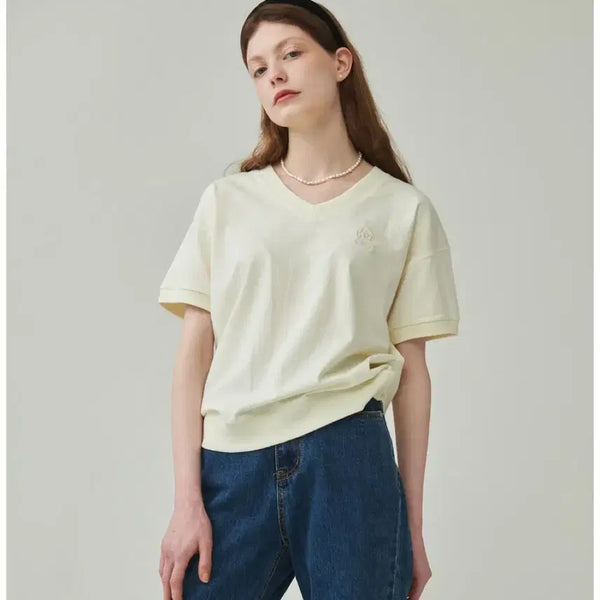 [BUNJANG] Ronron V-Neck Half Sleeve Sweatshirt Cream / (새상품) 론론 브이넥 하프 반팔 스웨트셔츠 크림컬러