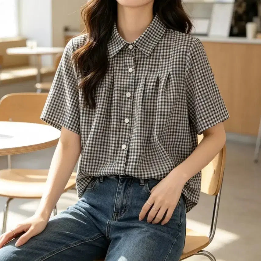 [BUNJANG] Gingham Check Short Sleeve Shirt / 새상품 고방체크 반팔 셔츠