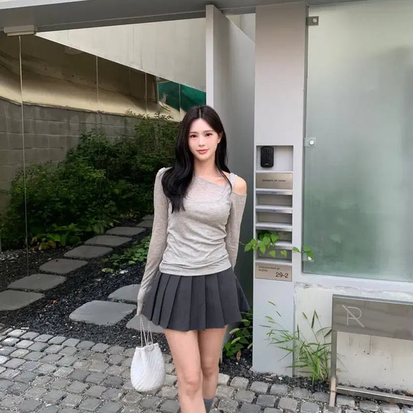 [BUNJANG] Shopminette One-Shoulder Layered T-shirt Gray / 샵미네트 원숄더티셔츠 layard tee gray