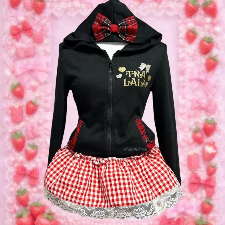 [BUNJANG] Tralala Strawberry Check Ribbon Hoodie Zip-up / 트랄라라(tralala) 딸기체크 리본 후드집업 미소녀갸루빈티지