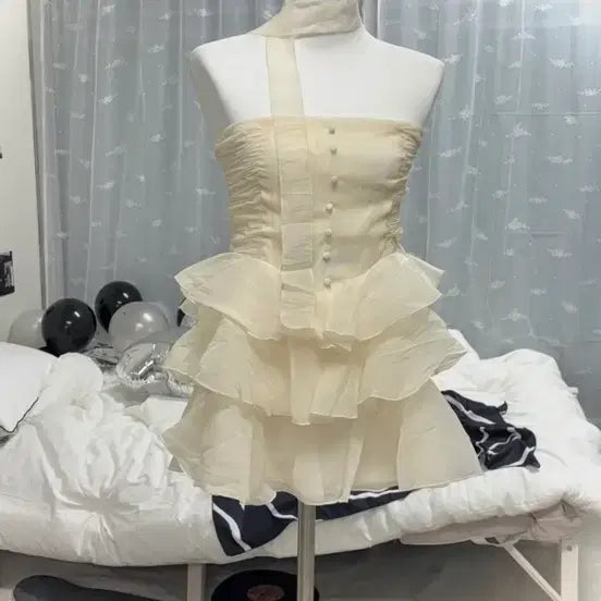 [BUNJANG] Tube Top Ruffle Chiffon Mini Dress / 튜브탑 쉬폰 러플 원피스