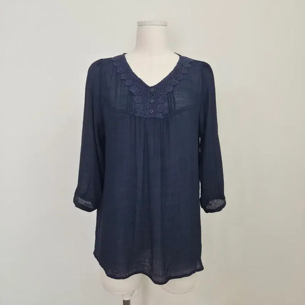 [BUNJANG] Navy Lace See-Through Blouse - Japanese Vintage / 네이비 레이스 시스루 블라우스 일본빈티지