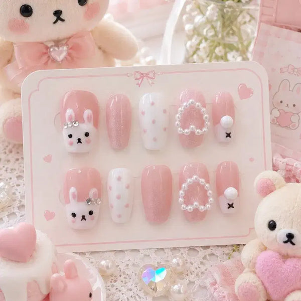 [BUNJANG] Handmade Pearl Pink Rabbit Nail Tips / (할인)진주 하트 핑크 펄 토끼 수제네일팁