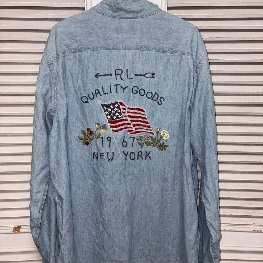 [BUNJANG] Polo Ralph Lauren Men's Denim Chambray Flag Embroidered Shirt / 폴로 랄프로렌 셔츠 남성용 데님 샴브레이 성조기 자수