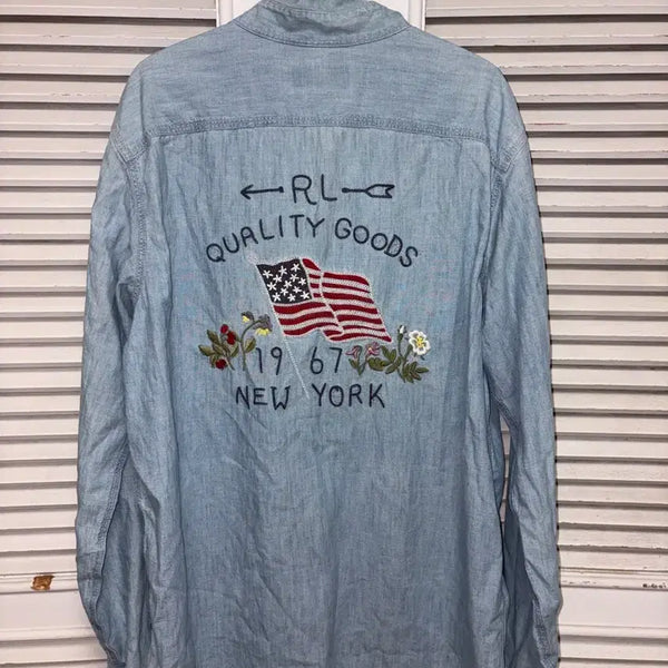 [BUNJANG] Polo Ralph Lauren Men's Denim Chambray Flag Embroidered Shirt / 폴로 랄프로렌 셔츠 남성용 데님 샴브레이 성조기 자수