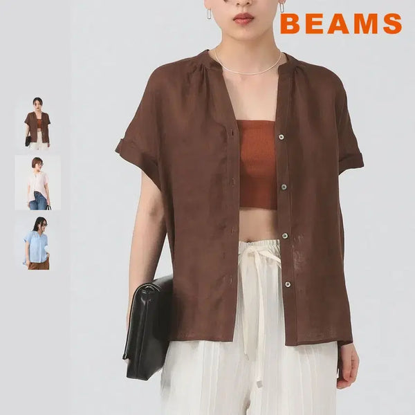[BUNJANG] Ray Beams Linen Stand Collar French Sleeve Shirt / 빔즈 레이 린넨 스탠드칼라 프렌치슬리브 셔츠